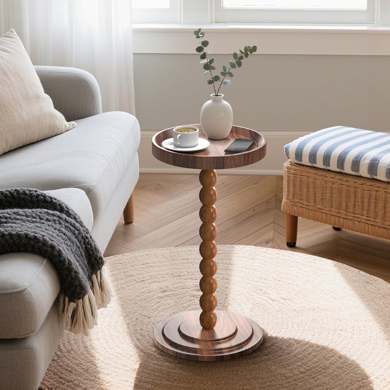 XNSDXV Round Side Table with Solid Wood Leg, Small Drink Table for Small Spaces, Martini Table with Raised Edge, Pedestal Side Table for Living Room, Bedroom,Sofa and Couch (Walnut Brown) - Image 1