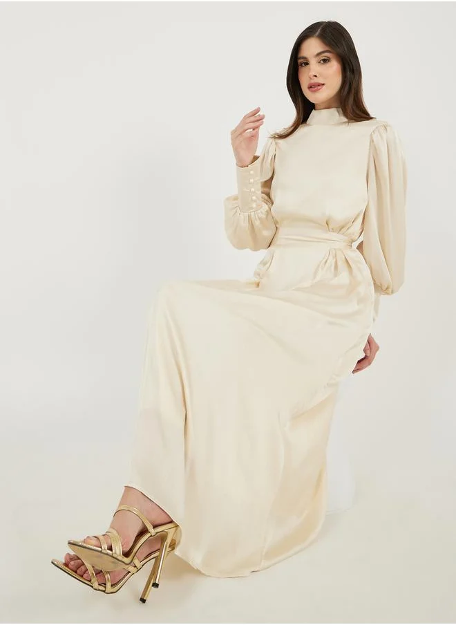 ستايلي Balloon Sleeves A-Line Maxi Dress with Waist Tie Detail