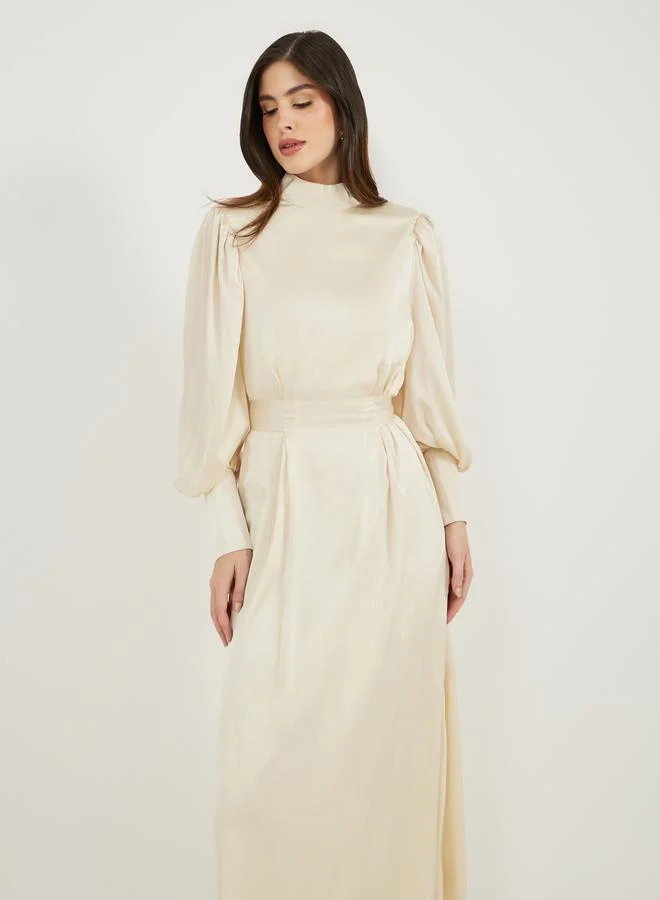 Styli Balloon Sleeves A-Line Maxi Dress with Waist Tie Detail