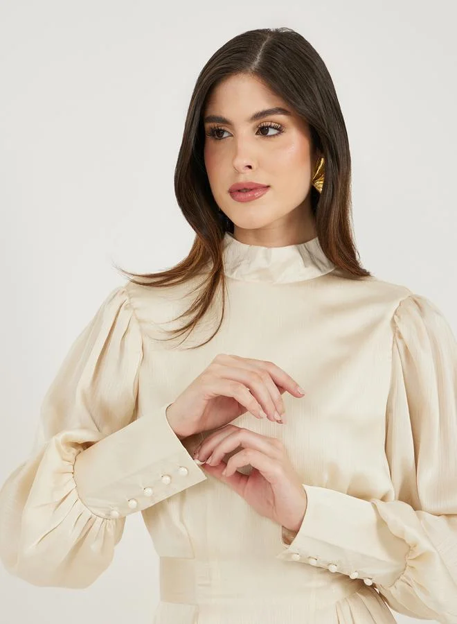 Styli Balloon Sleeves A-Line Maxi Dress with Waist Tie Detail