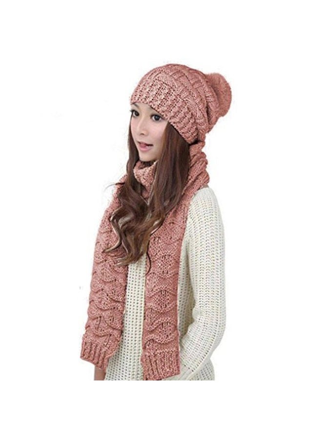 HANERDUN Women Girls Fashion Winter Warm Knitted Hat Beanie Hat Scarf Set, Shrimp Pink, One size - Image 1