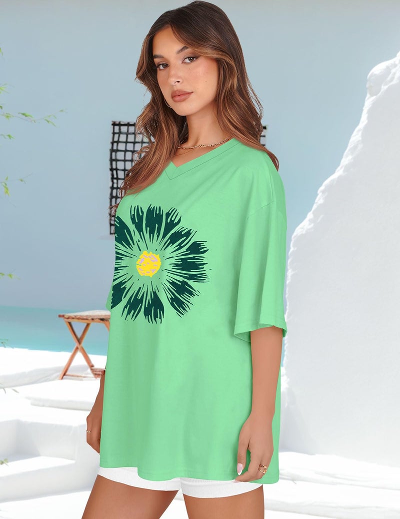 rosemia Oversized Tshirts for Women V Neck Short Sleeve Summer Casual Basic Loose Topsï¼ŒGreen Sunflowerï¼Œ2XL - Image 4