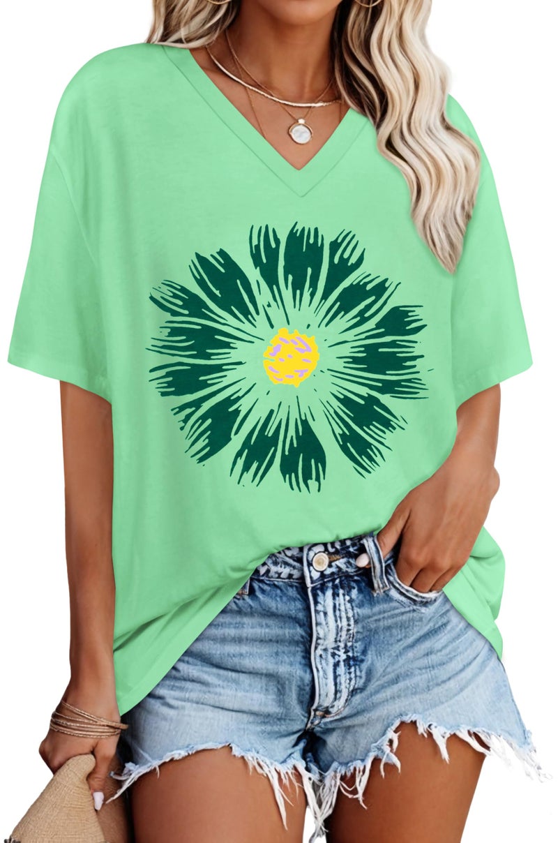 rosemia Oversized Tshirts for Women V Neck Short Sleeve Summer Casual Basic Loose Topsï¼ŒGreen Sunflowerï¼Œ2XL - Image 1