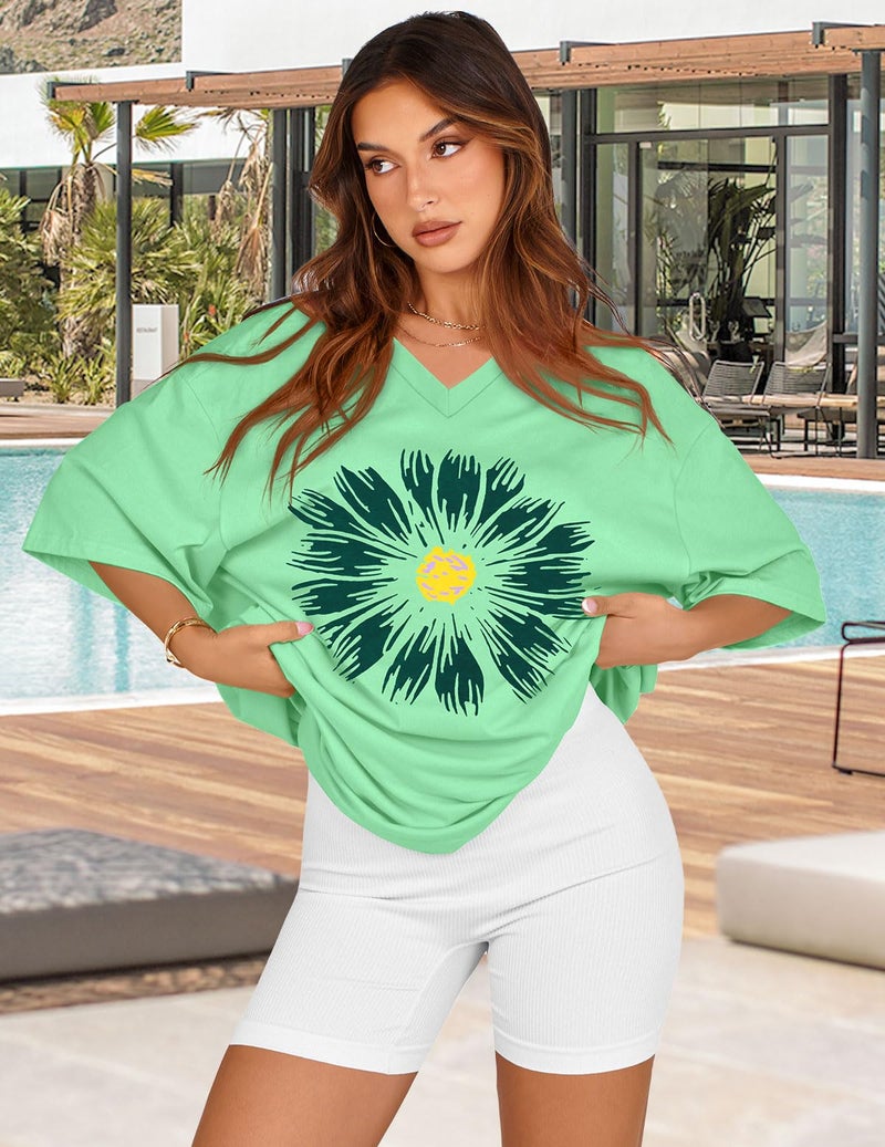 rosemia Oversized Tshirts for Women V Neck Short Sleeve Summer Casual Basic Loose Topsï¼ŒGreen Sunflowerï¼Œ2XL - Image 3