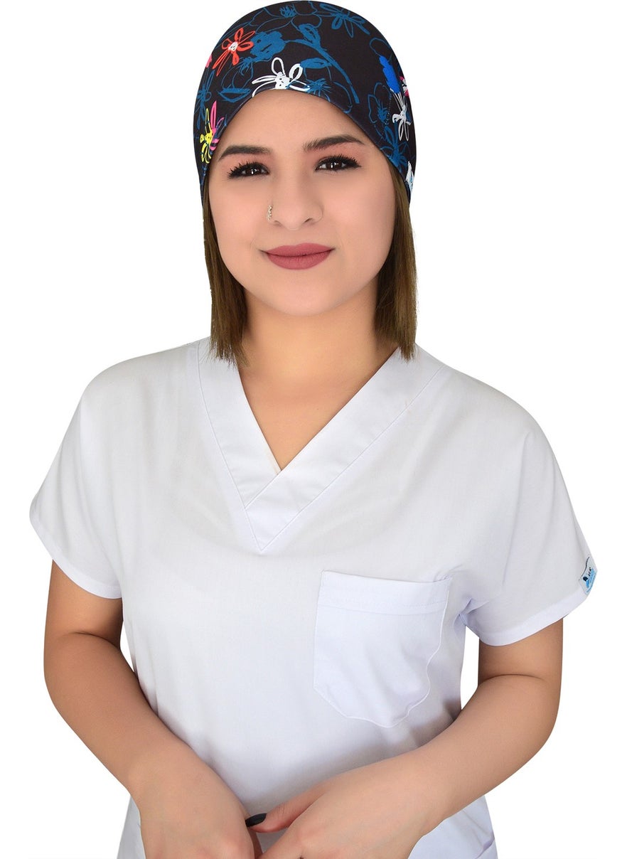 Nur Ortopedi غطاء طبي جراحي للمستشفى مزخرف بالزهور بلون أزرق بحري  - Image 1