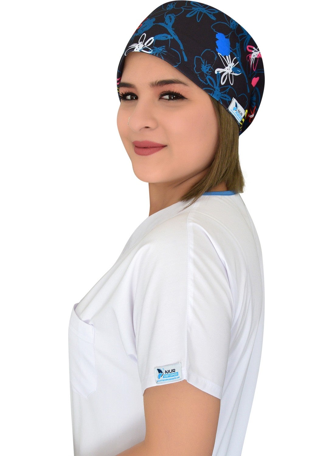 Nur Ortopedi غطاء طبي جراحي للمستشفى مزخرف بالزهور بلون أزرق بحري  - Image 3