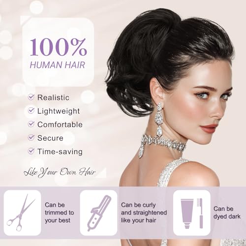 RUWISS Claw Clip Short Human Hair Ponytail Extension with Bendable Metals for DIY Styles, Straight Messy Bun Hair Piece for Women Thick Hairpieces for Daily Wear, 9 Inch Brown Mixed - Image 5