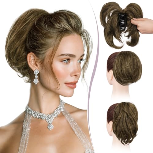 RUWISS Claw Clip Short Human Hair Ponytail Extension with Bendable Metals for DIY Styles, Straight Messy Bun Hair Piece for Women Thick Hairpieces for Daily Wear, 9 Inch Brown Mixed - Image 1