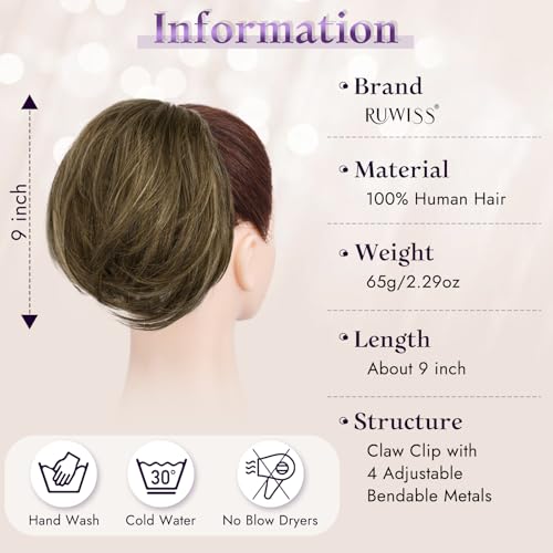 RUWISS Claw Clip Short Human Hair Ponytail Extension with Bendable Metals for DIY Styles, Straight Messy Bun Hair Piece for Women Thick Hairpieces for Daily Wear, 9 Inch Brown Mixed - Image 2