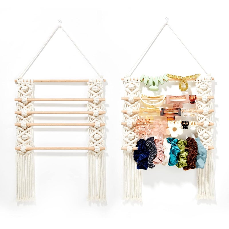 HUHYNN Macrame Claw Clip Organizer, Hanging Hair Claws Holder Organizer for Women Girls, Claw Clip Stand Display for Lady Hair Claws Storage (Beige) 
