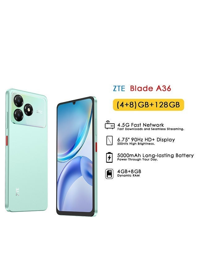 ZTE Mobile Blade A36 Dual SIM Aqua Green 4GB+8GB RAM 128GB 4G - Middle East Version & Riversong MelodyJ+ EA159 Wired Earphones with 3.5mm Audio Jack – Very Deep Bass, High Fidelity Stereo Sound, Built-in Microphone, Noise Reduction, Inline Remote Control – White Bundle - Image 2