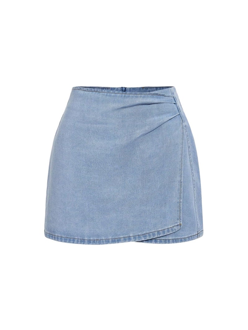 WDIRARA Women's Low Rise Wrap Asymmetrical Denim Skirt Short Jean Skirts Medium Wash Large - Image 1