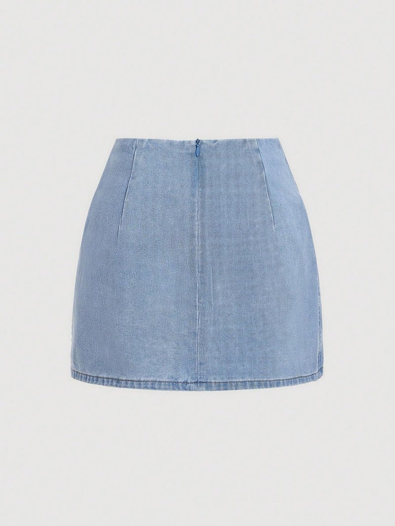WDIRARA Women's Low Rise Wrap Asymmetrical Denim Skirt Short Jean Skirts Medium Wash Large - Image 2