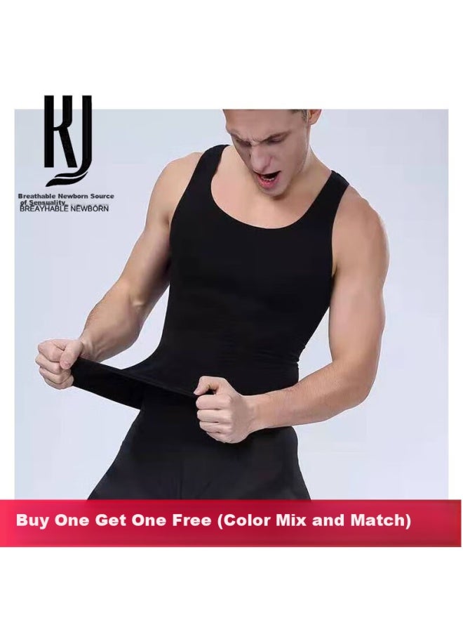 Kj Men's Shapewear Waist Slimming Vest Elastic Body Shaping Chest Compression Fitness Sports Tummy Control Shirt - Image 2