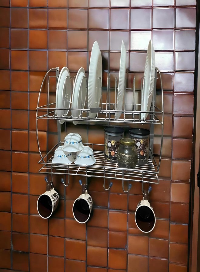 Touchcart Wall Mounted Stainless Steel 2-Tier Kitchen Dish Drying Rack – Space-Saving Rust-Proof Organizer with 12 Plate Holders, 6 Hooks & Detachable Drip Tray for Utensils - Image 5