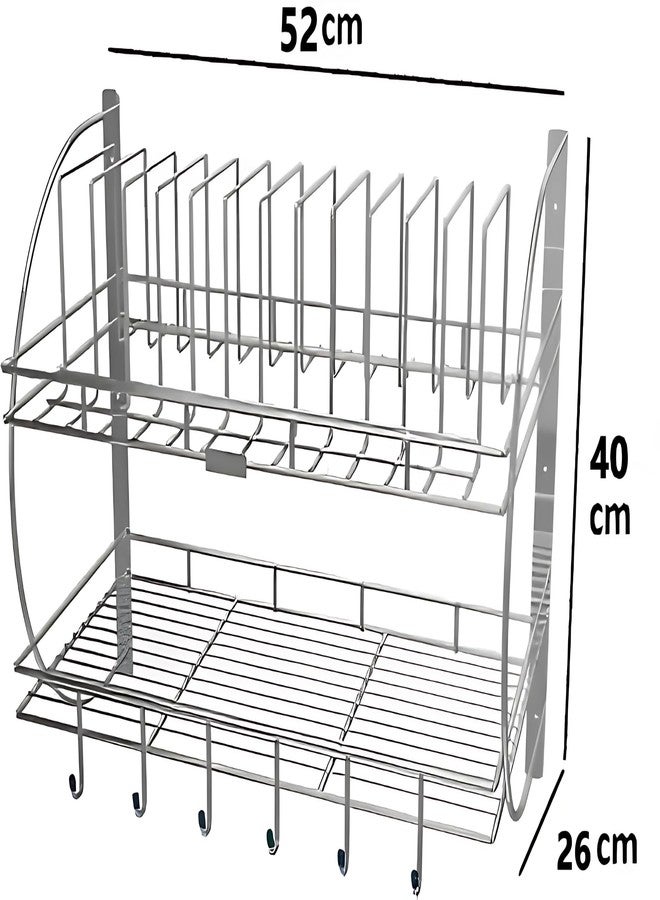 Touchcart Wall Mounted Stainless Steel 2-Tier Kitchen Dish Drying Rack – Space-Saving Rust-Proof Organizer with 12 Plate Holders, 6 Hooks & Detachable Drip Tray for Utensils - Image 3