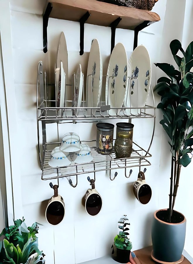 Touchcart Wall Mounted Stainless Steel 2-Tier Kitchen Dish Drying Rack – Space-Saving Rust-Proof Organizer with 12 Plate Holders, 6 Hooks & Detachable Drip Tray for Utensils - Image 2
