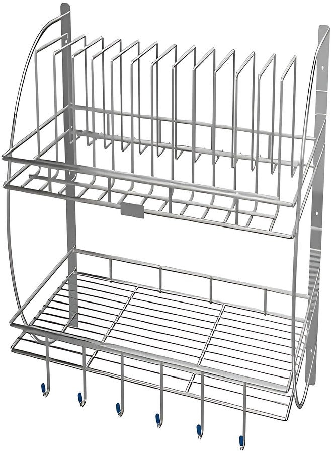Touchcart Wall Mounted Stainless Steel 2-Tier Kitchen Dish Drying Rack – Space-Saving Rust-Proof Organizer with 12 Plate Holders, 6 Hooks & Detachable Drip Tray for Utensils - Image 1