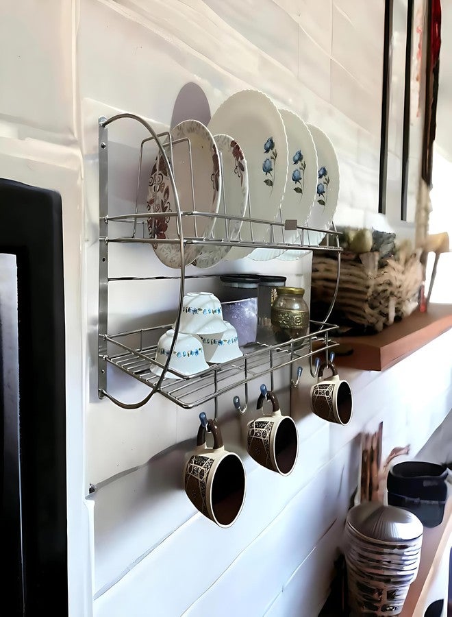 Touchcart Wall Mounted Stainless Steel 2-Tier Kitchen Dish Drying Rack – Space-Saving Rust-Proof Organizer with 12 Plate Holders, 6 Hooks & Detachable Drip Tray for Utensils - Image 4