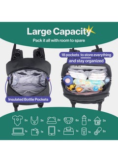 BabbleRoo Diaper Bag Backpack - Tote - Multi Function Waterproof Diaper Bag, Travel Essentials Baby Bag With Changing Pad, Stroller Straps & Pacifier Case - Unisex, Black  - Image 4