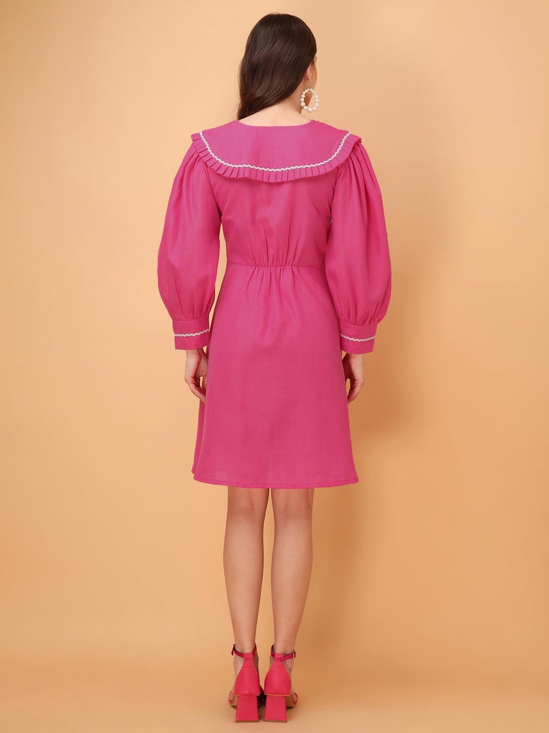 PURVAJA Women’s V-Neck Fit & Flared Cotton Blend Dress (Floe-039-L_Pink) - Image 3