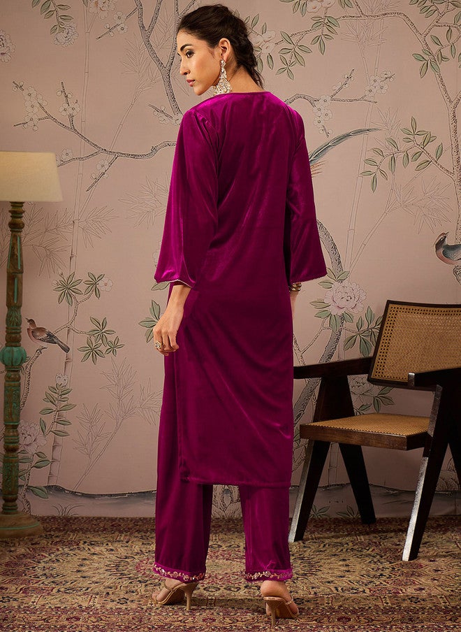 ساسافراس فوشيا مطرزة بالزهور سترة مخملية نسائية - Image 4