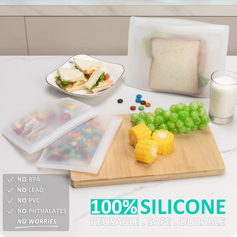 Annaklin Reusable Sandwich Bags & Snack Bags Set, 8 Pack, 100% Silicone Reusable Storage Bag, Soft Shell Ziplock Silicone Food Storage Containers, Freezer Microwave Oven Dishwasher Safe, Translucent - Image 2