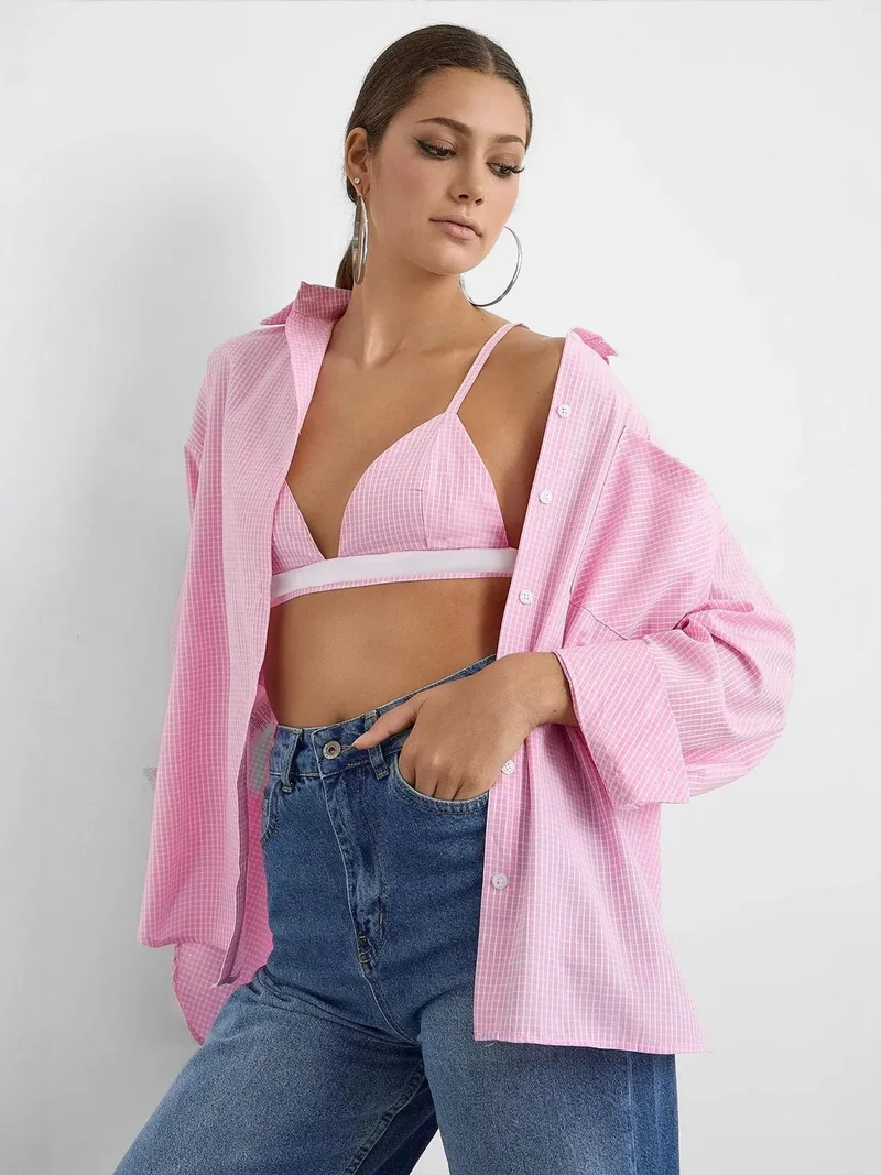 Oversized Checked Two-Piece Coord Set with Shirt Collar