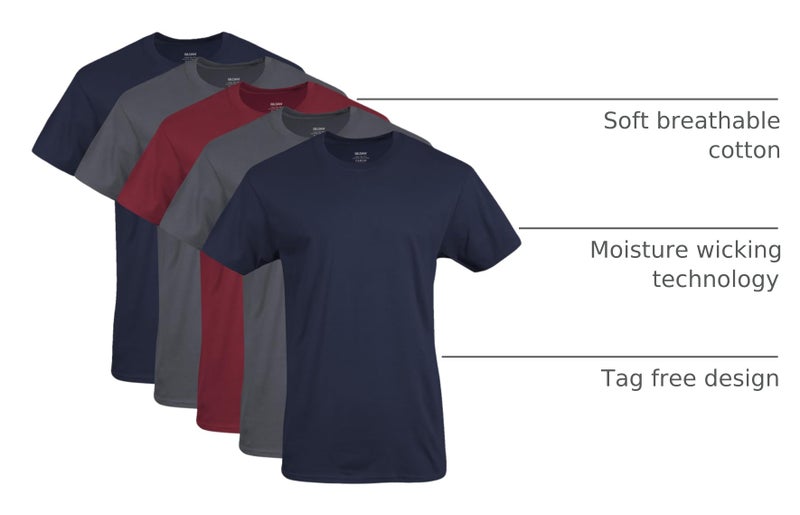 Gildan تي شيرتات جيلدان للرجال، عبوة متعددة، نمط G1100، أزرق داكن/رمادي فحم/أحمر كارديinal (5 قطع)، 2X-كبير - Image 4