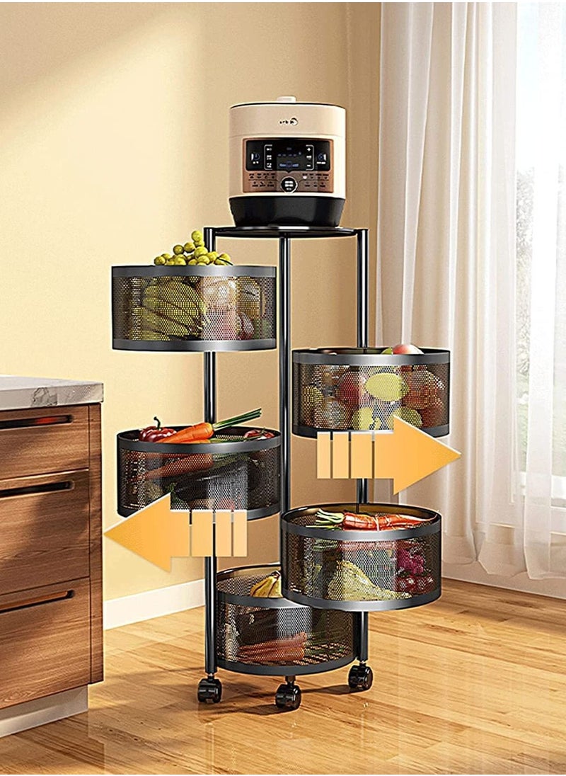 Multi-Layer Kitchen Storage Shelf Rotatable Steel Rack 4 Movable Wheels Fruit Vegetable Snack Organizer Stand Black