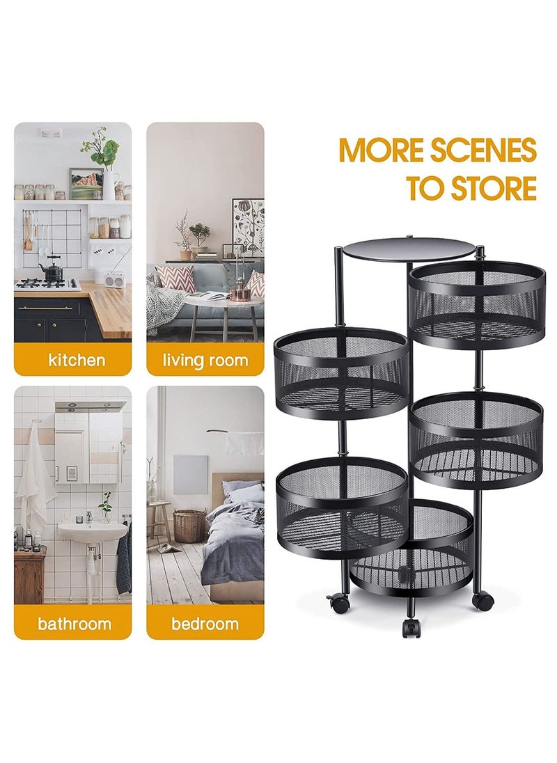 Multi-Layer Kitchen Storage Shelf Rotatable Steel Rack 4 Movable Wheels Fruit Vegetable Snack Organizer Stand Black