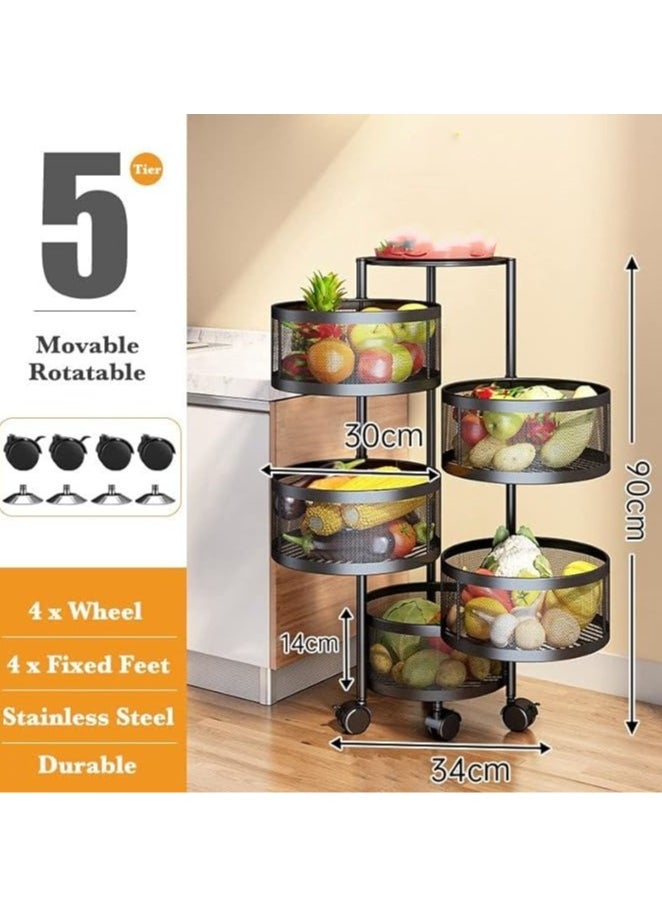 Multi-Layer Kitchen Storage Shelf Rotatable Steel Rack 4 Movable Wheels Fruit Vegetable Snack Organizer Stand Black