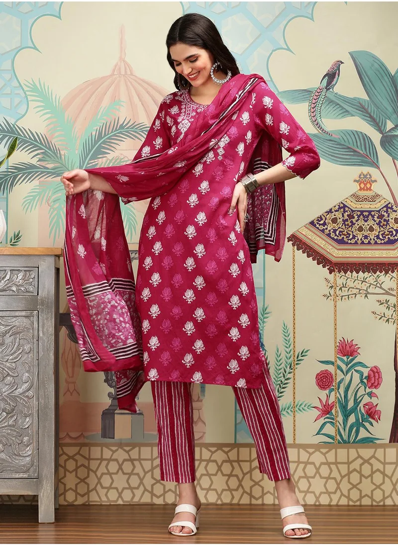 ISHIN Pink Floral Printed Regular Pure Cotton Straight Kurta With Trousers & With Dupatta