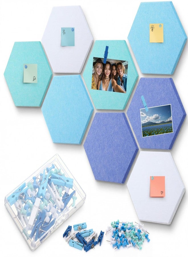 Mooliwe 8 Pcs 12" Large Hexagon Felt Cork Bulletin Board Tiles Self Adhesive DIY Pin Board with 50 Push Pins and 10 Colored Clips, Wall Decor for Office Home Kitchen Photos Memos(Blue) - Image 1