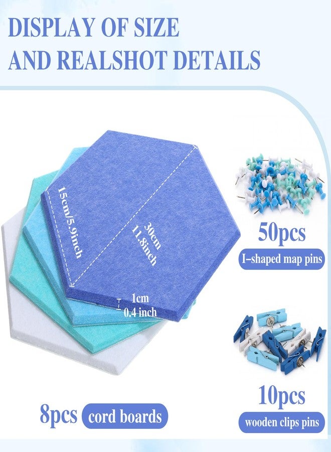 Mooliwe 8 Pcs 12" Large Hexagon Felt Cork Bulletin Board Tiles Self Adhesive DIY Pin Board with 50 Push Pins and 10 Colored Clips, Wall Decor for Office Home Kitchen Photos Memos(Blue) - Image 2