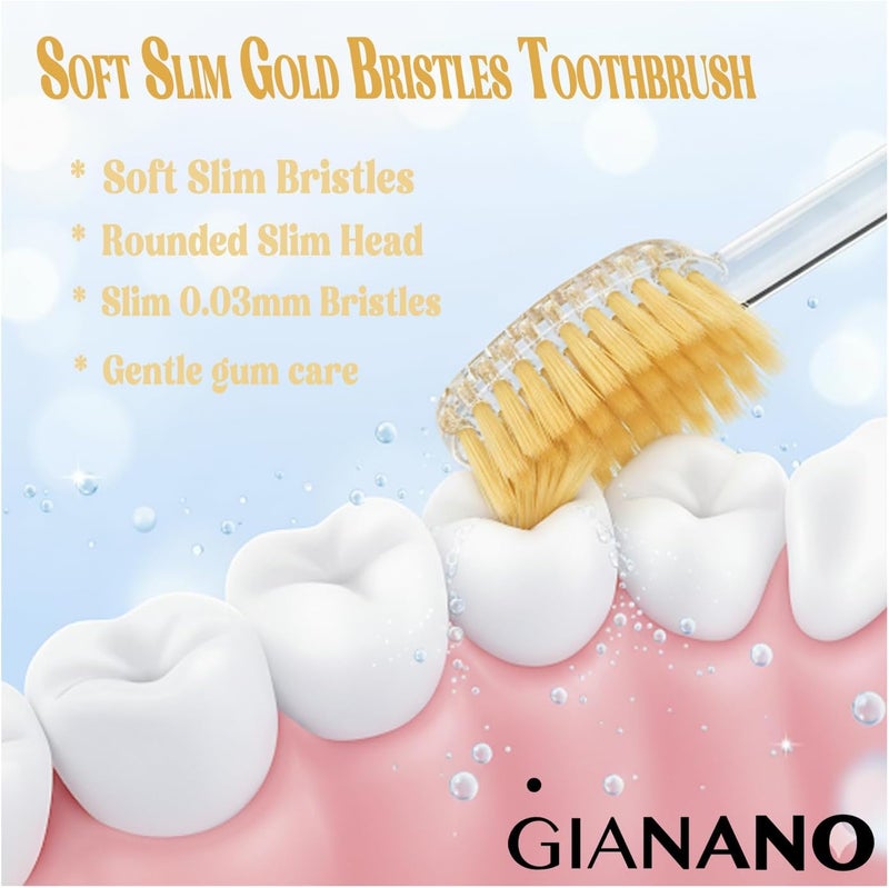 GIANANO Soft Slim Gold Bristles Toothbrush for Sensitive Gums - Ultra Soft Slim Bristles, Compact Head, Extra Soft toothbrushes for Adults / 4-Piece Set (Blue, Green, Pink, Violet) - Image 4