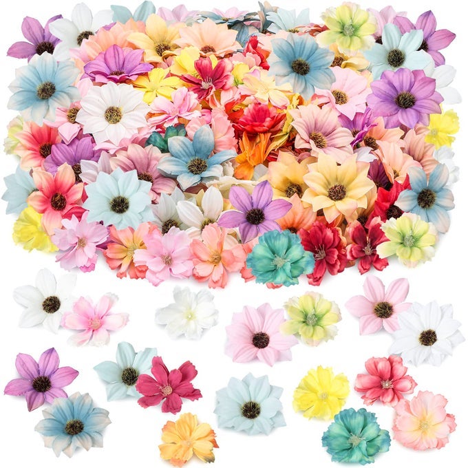 200 PCS SMALL FLOWERS FOR CRAFTS SPRING SUMMER FAUX FLOWER HEADS MINI ARTIFICIAL FLORAL APPLIQUE FAKE PEONY DAISY ROSE MULTICOLOR SMALL SILK DAISY DIY WREATH ACCESSORIES WEDDING HOME DECOR