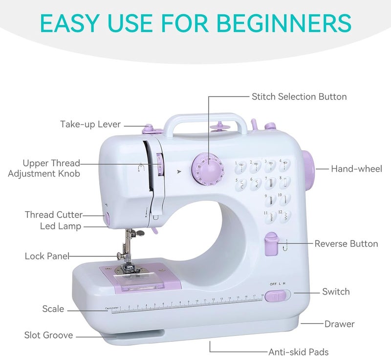 KASTWAVE Mini Sewing Machine for Beginners, Portable Electric Sewing Machine with Dual Speed, 12 Built-in Stitches, Foot Pedal & Accessories Kit for DIY Projects, Home Sewing & Gift (UK Regulations) - Image 2