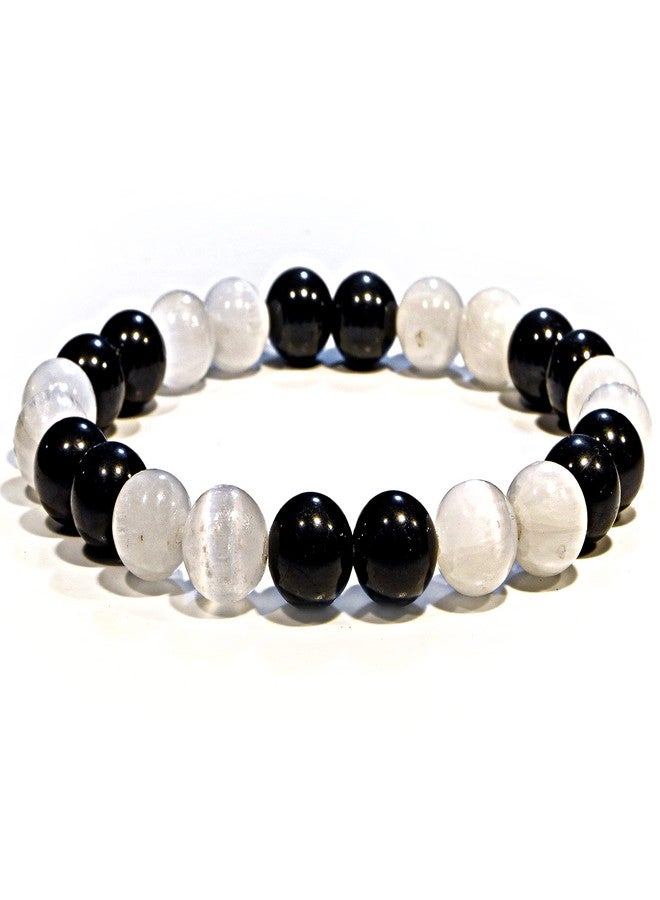 ANAYA AGATE Natural Selenite Black Tourmaline Bracelet - Genuine Healing Crystal Bracelet for Women and Men - 8mm Beaded Bracelet for Chakra Energy Crystal Stones - Elastic Adjustable Size Gemstone Bead Bracelet - Image 1