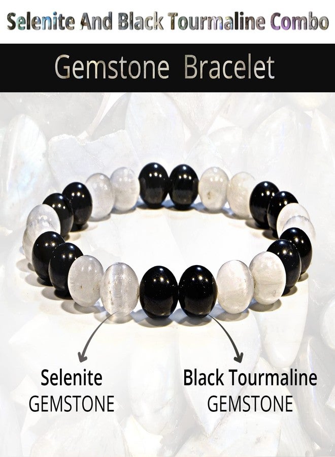 ANAYA AGATE Natural Selenite Black Tourmaline Bracelet - Genuine Healing Crystal Bracelet for Women and Men - 8mm Beaded Bracelet for Chakra Energy Crystal Stones - Elastic Adjustable Size Gemstone Bead Bracelet - Image 2