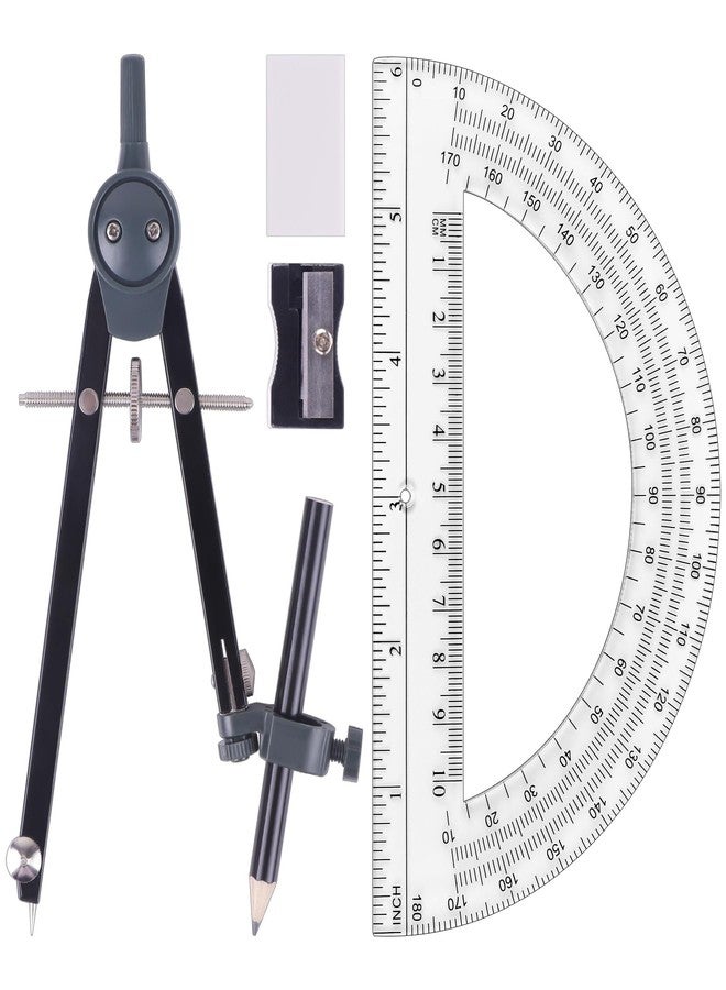 UNJOO Professional Compass for Geometry Set, Metal Compass with Wheel and Lock for Geometry, Drawing Compass Tool, Circle Drafting Tool, and 6 Inch Math Protractors 180 Degree (Black) - Image 1