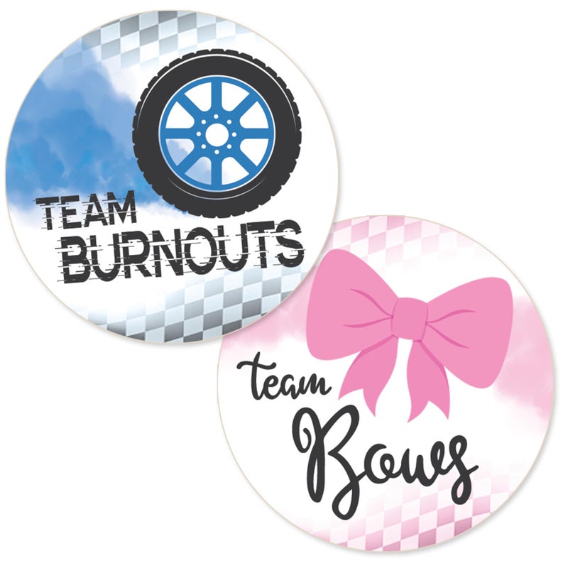 DISTINCTIVS Burnouts or Bows Baby Gender Reveal Party, Team Boy or Team Girl Stickers - 40 Labels - Image 1