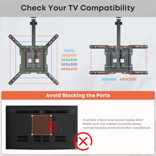 PUTORSEN Flip Down TV Mount, Manual Folding Ceiling TV Mount for Most 23'' to 55'' TVs, Height Adjustable Drop Down TV Mount for Flat & Pitched Roof, Swivel, Max Load 44lbs, Max VESA 400x400, Black - Image 2