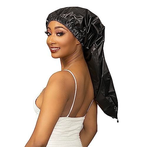 Esha Girl - Shower Cap For Extra Long Hair  Braids  Locs  Twists - Waterproof - Snug Fit Guarantees No Leaks - Easy Button Up (Black  Long (22.3"" X 9"")) - Image 1