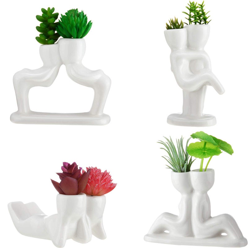 Potchen 4 Pieces Ceramic Air Planters Holder People Head White Cute Table Top Display for Air Plants Lovers DIY Decoration Home Office Holiday (Lovers Style) - Image 1