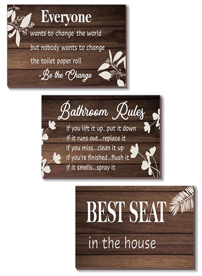 DONFENTHY 3 Pieces Brown Bathroom Decor Bathroom Rules Wall Art Brown Bathroom Accessories Best Seat in The House Funny Rustic Farmhouse Wooden Sign for Bathroom Toilet Wall Decor (Brown 10x5 Inch) - Image 1