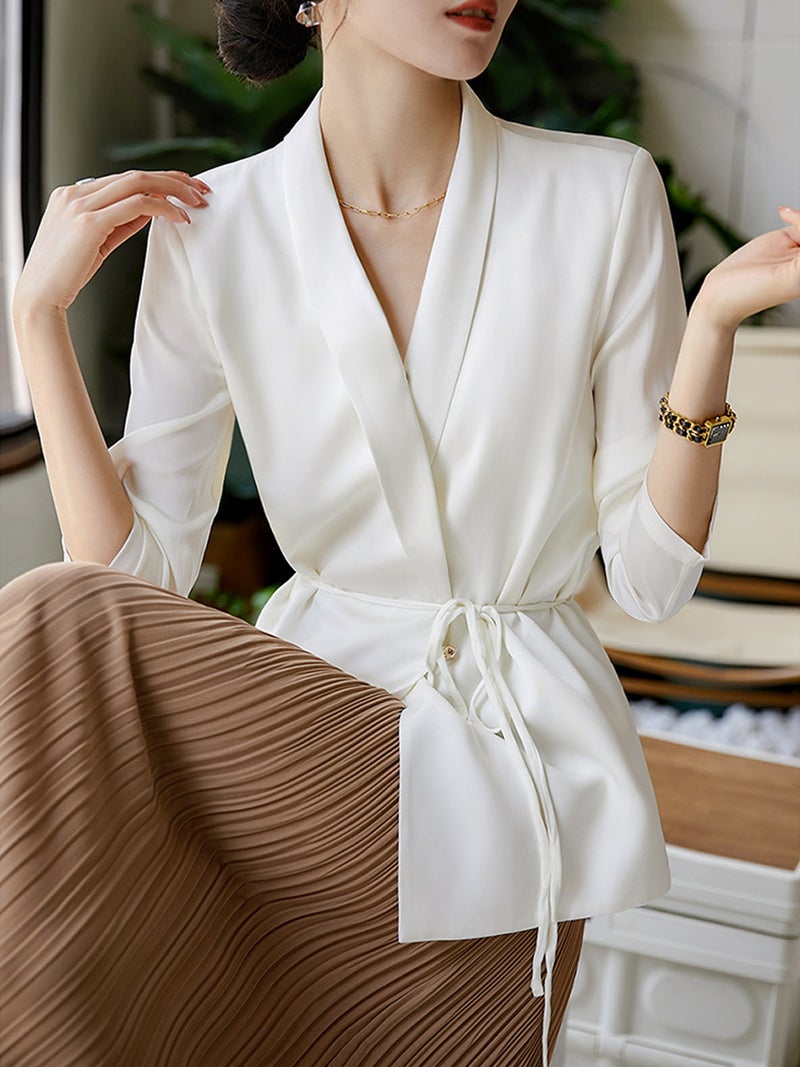 Casual Heavy Silk Loose Waist Slim Fit Womens Blazer White