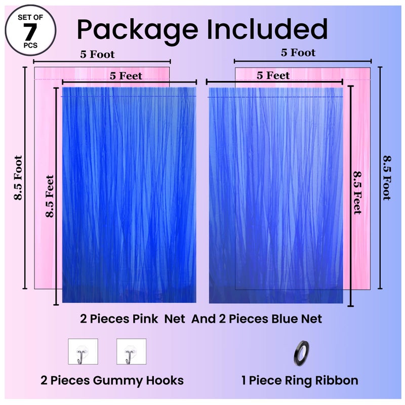 1iAM Pink Blue Decoration Net, Hooks, Ribbon Combo Pack of 7 - 2pcs Pink, 2pcs Blue, 2pcs Hooks & 1pc Ribbon for Birthday, Anniversary, Wedding, Haldi, Mehndi, Surprise Romantic Party Decoration - Image 2