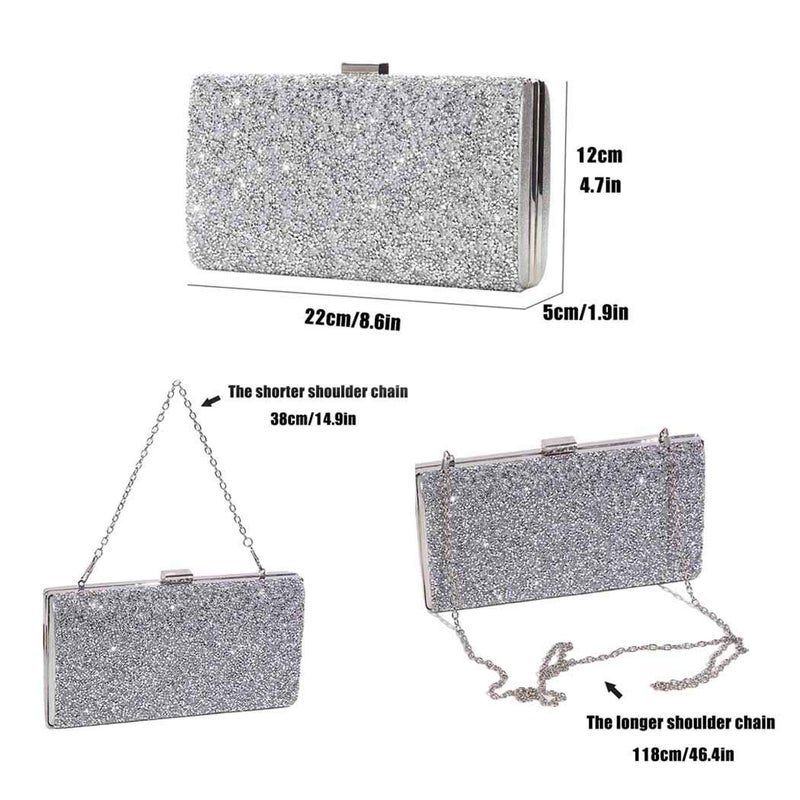 ELABEST Glitter Evening Clutch Bag Single Sided Diamond Bag Crossbody Purse Wedding Party Bag for Women and Girls (Silver) - Image 2
