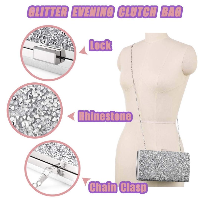 ELABEST Glitter Evening Clutch Bag Single Sided Diamond Bag Crossbody Purse Wedding Party Bag for Women and Girls (Silver) - Image 3